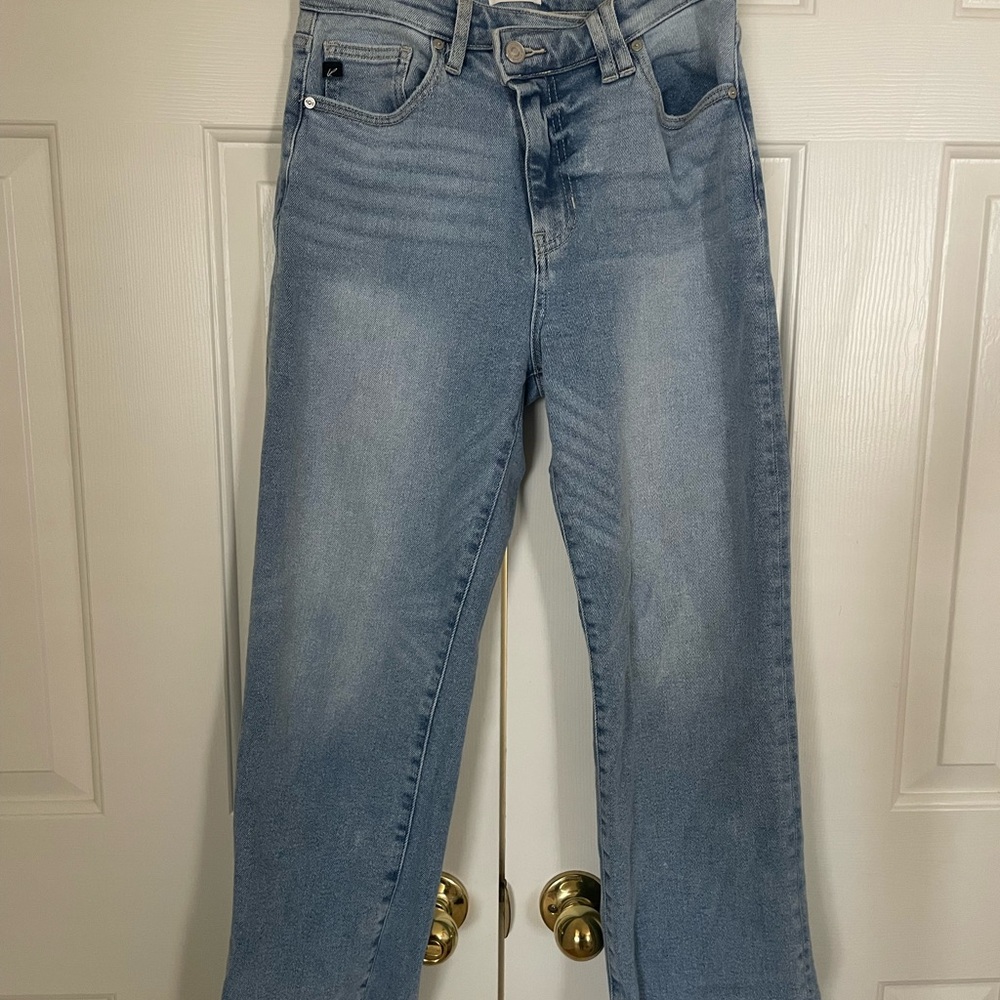 KanCan Blue Women's Jeans, asymmetric button, wide leg